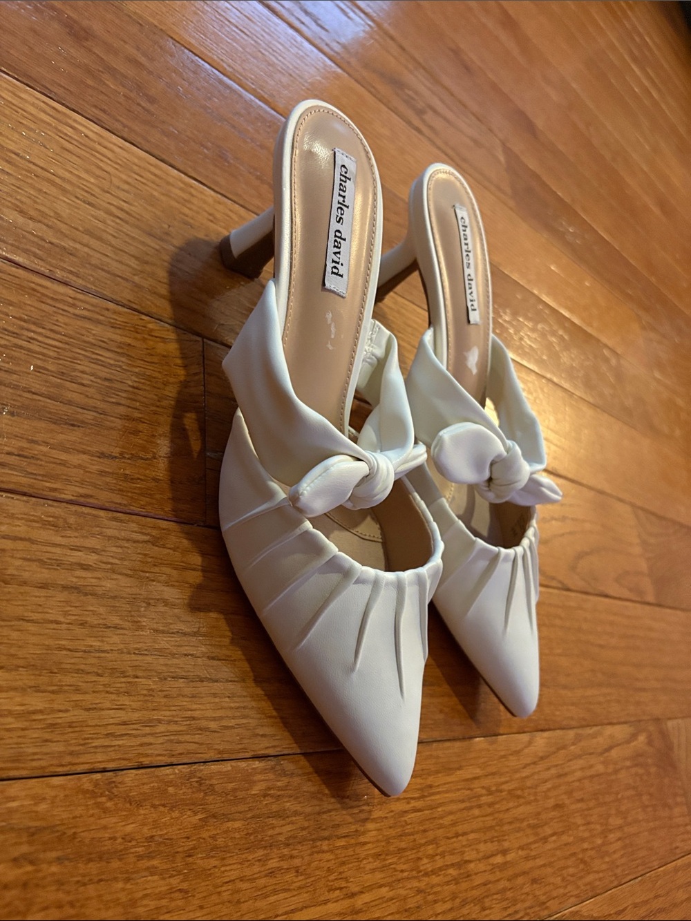 Charles David Ivory Knotted Pointed Mule Heels